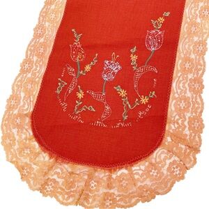 Vintage Hand Embroidered Flowers Lace Trim Table Runner Orange Retro Cottagecore